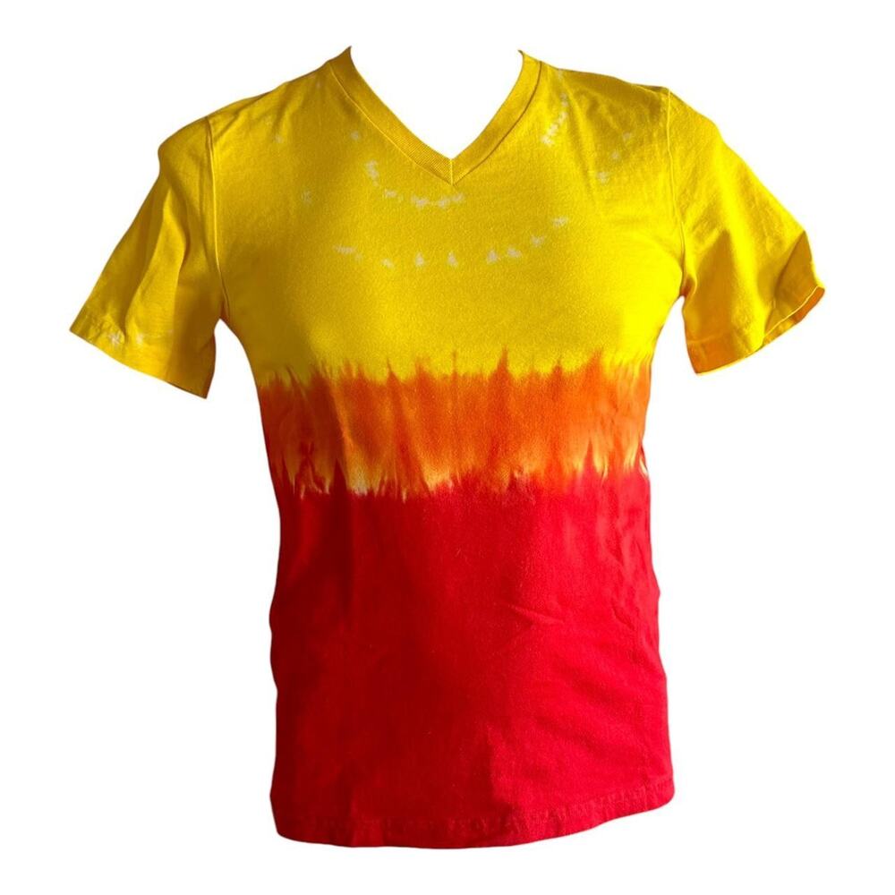 Unisex T-Shirt Size Small Handmade Tie Dye V-Neck Tee Yellow Red Summer OOAK New